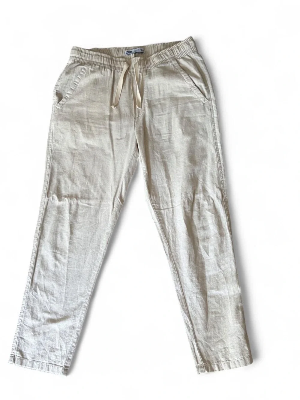 Zara Cream Drawstring Linen-Blend Pants Medium